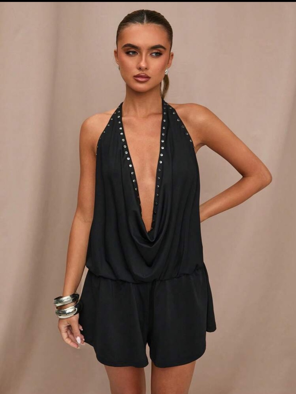 Black jumpsuit Draped Halter Romper silver Studded Trim